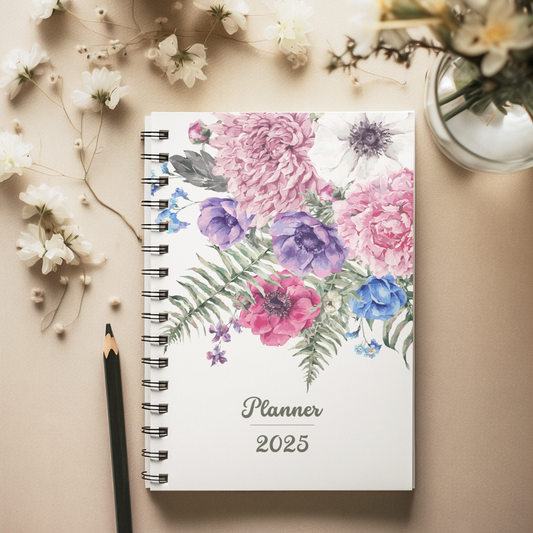 Wild Bouquet Hardbound Spiral 2025 Planner - Hard Case Weekly Planner with 100gsm paper - Floral Design