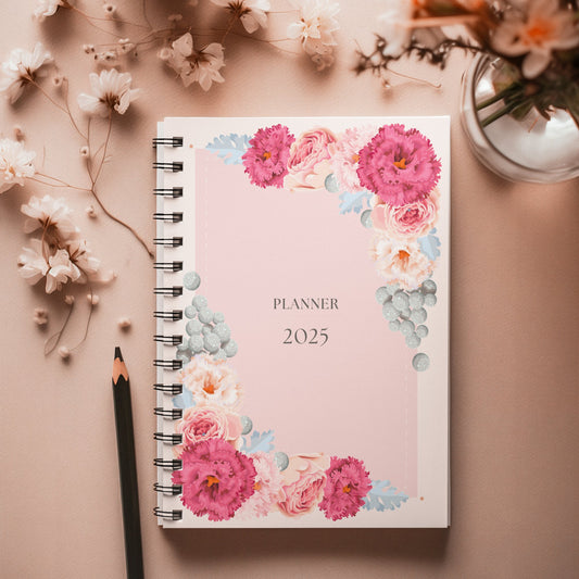 Blush Hardbound Spiral 2025 Planner - Hard Case Weekly Planner with 100gsm paper - Floral Design - PaperKaite