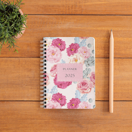 Blush Spiral 2025 Pocket Planner - A6 Size Soft Case Weekly Planner with 100gsm paper - Floral Design - PaperKaite