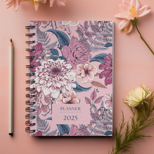 Floral Dreams Hardbound Spiral 2025 Planner - Hard Case Weekly Planner with 100gsm paper - Floral Design - PaperKaite