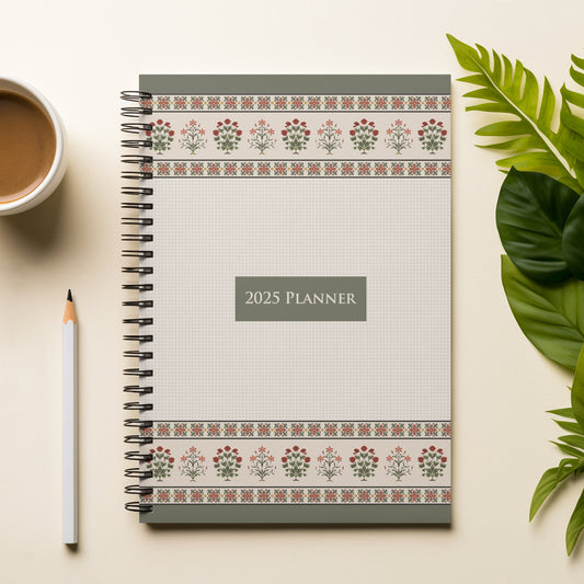 Sahana Hardbound Spiral 2025 Planner - Hard Case Weekly Planner with 100gsm paper - Traditional Indian Design - PaperKaite