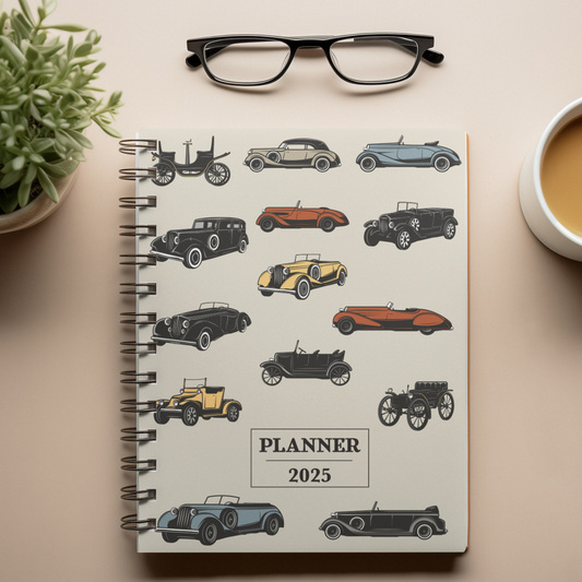 Vintage Cars Hardbound Spiral 2025 Planner - Hard Case Weekly Planner with 100gsm paper - Planners for Men